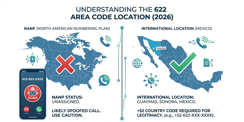 Infographic showing the 622 area code location, comparing its unassigned and likely spoofed status in the US to its legitimate geographic origin in Guaymas, Sonora, Mexico.