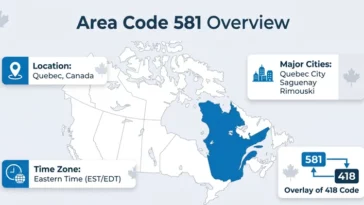 Security infographic explaining how to identify area code 581 scam calls and protect your personal information from spoofed Canadian numbers.