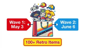Infographic showing the release schedule for the Pokemon and Target 30th anniversary collection, featuring Wave 1 on May 3 and Wave 2 on June 6, with over 100 retro items.