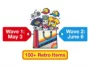 Infographic showing the release schedule for the Pokemon and Target 30th anniversary collection, featuring Wave 1 on May 3 and Wave 2 on June 6, with over 100 retro items.