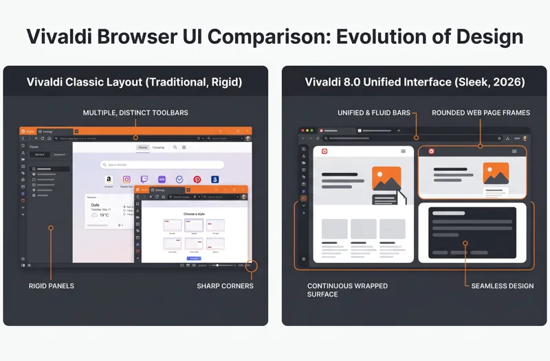 A dual-panel infographic comparing the rigid, segmented toolbar layout of older browser versions with the seamless, continuous surface and rounded-corner framed web canvas of Vivaldi 8.0.