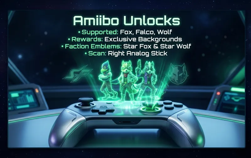 Infographic showing compatible Fox, Falco, and Wolf amiibo figures for Star Fox on Switch 2, unlocking exclusive profile backgrounds and faction emblems.