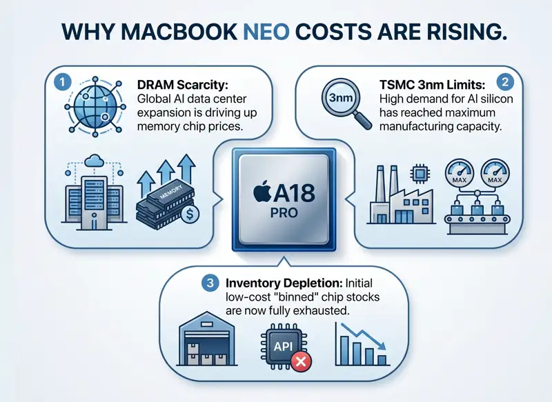 A technical infographic illustrating why Apple is facing increased manufacturing costs for the MacBook Neo due to A18 Pro chip shortages and DRAM price surges in 2026.