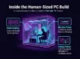 A cyberpunk-style infographic illustrating the inside of a giant transparent PC case large enough for a person to sit in, highlighting the industrial-sized spinning fans, 18,000GB scaled memory props, and hidden functional hardware.