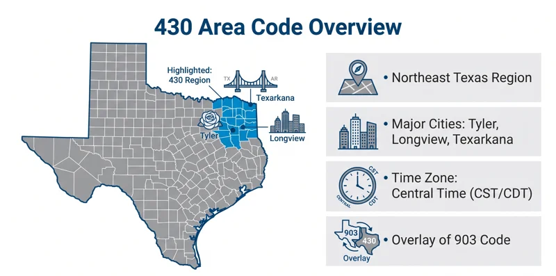 A detailed infographic map of the 430 area code location in Northeast Texas, highlighting major cities like Tyler, Longview, and Texarkana.