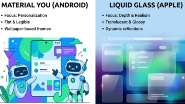 Infographic comparing Google's flat Material You design focus with Apple's translucent Liquid Glass UI interface.