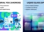 Infographic comparing Google's flat Material You design focus with Apple's translucent Liquid Glass UI interface.