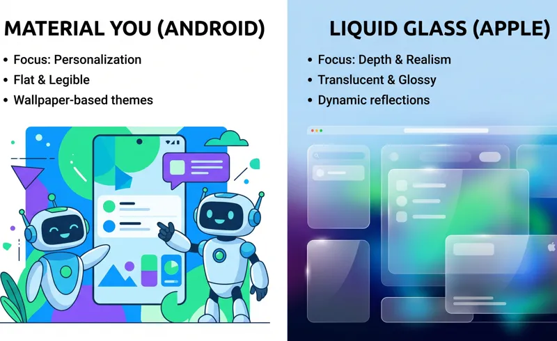 Infographic comparing Google's flat Material You design focus with Apple's translucent Liquid Glass UI interface.