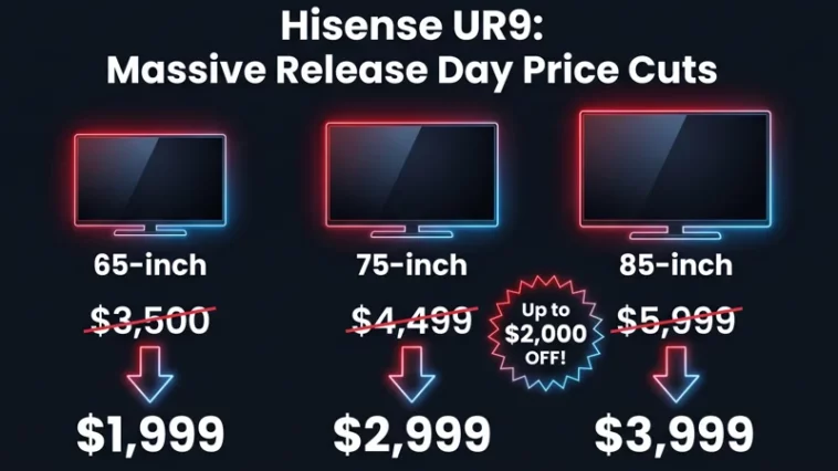 Infographic displaying the massive release day price cuts for the Hisense UR9 RGB LED TV, showing the exact price drops for the 65-inch, 75-inch, and 85-inch models.