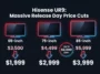 Infographic displaying the massive release day price cuts for the Hisense UR9 RGB LED TV, showing the exact price drops for the 65-inch, 75-inch, and 85-inch models.
