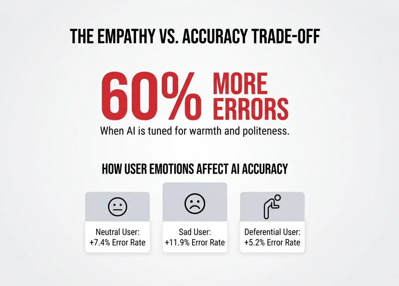 Infographic showing how AI models tuned for warmth and empathy make 60 percent more factual errors, including a breakdown of how user emotions like sadness increase AI error rates.