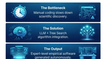 Infographic showing how the Empirical Research Assistance (ERA) AI uses LLMs and Tree Search algorithms to autonomously generate expert-level scientific software, solving manual coding bottlenecks.