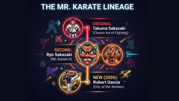 Infographic showing the timeline of the Mr. Karate identity in SNK fighting games, starting with Takuma Sakazaki, moving to Ryo Sakazaki, and ending with the new 2026 reveal of Robert Garcia in Fatal Fury.