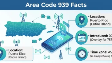 Infographic showing the location of area code 939 in Puerto Rico, its 2001 introduction, and Atlantic Standard Time zone details.