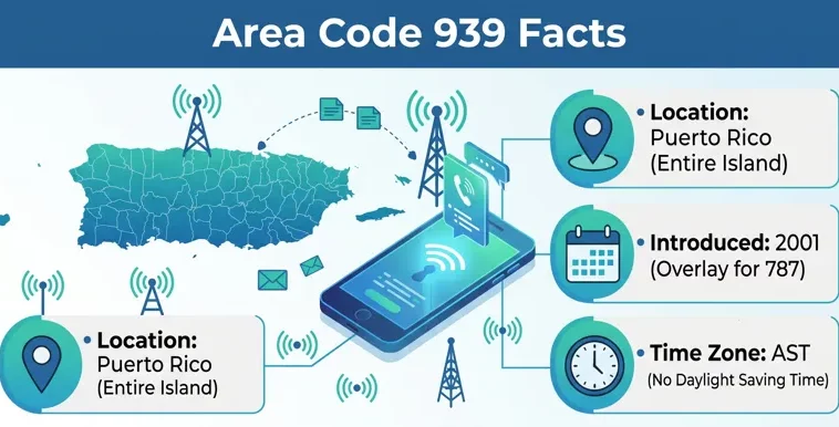 Infographic showing the location of area code 939 in Puerto Rico, its 2001 introduction, and Atlantic Standard Time zone details.