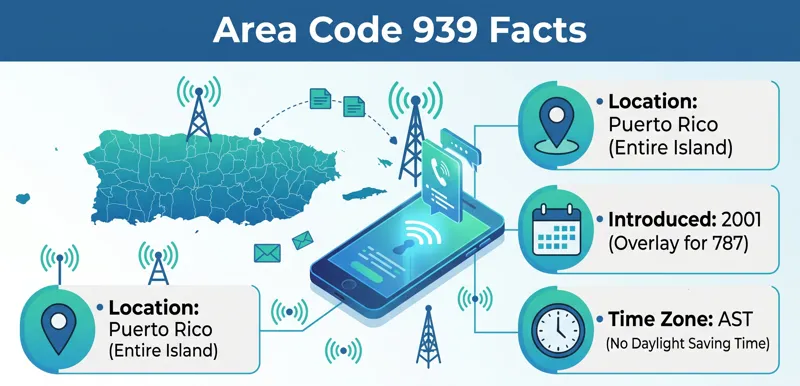 Infographic showing the location of area code 939 in Puerto Rico, its 2001 introduction, and Atlantic Standard Time zone details.