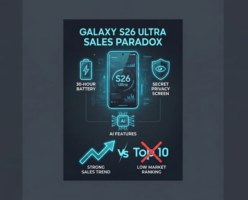 Infographic illustrating the Samsung Galaxy S26 Ultra sales paradox, highlighting its 30-hour battery, secret privacy screen, and AI features against its absence from the Q1 2026 top 10 list.
