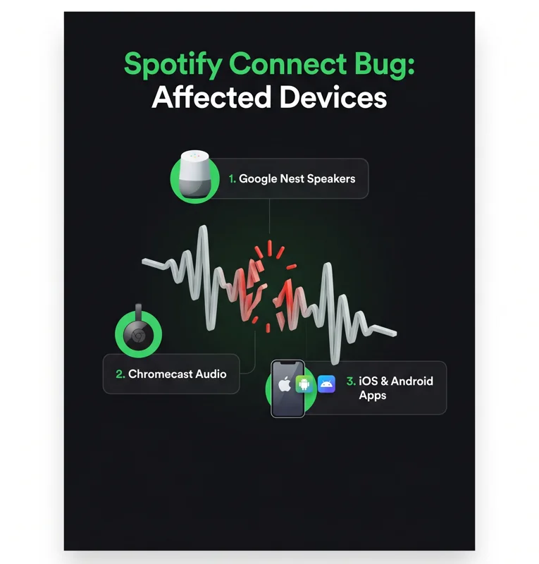 A modern infographic showing the devices affected by the Spotify Connect casting bug, including Google Nest speakers, Chromecast Audio, and both iOS and Android apps.