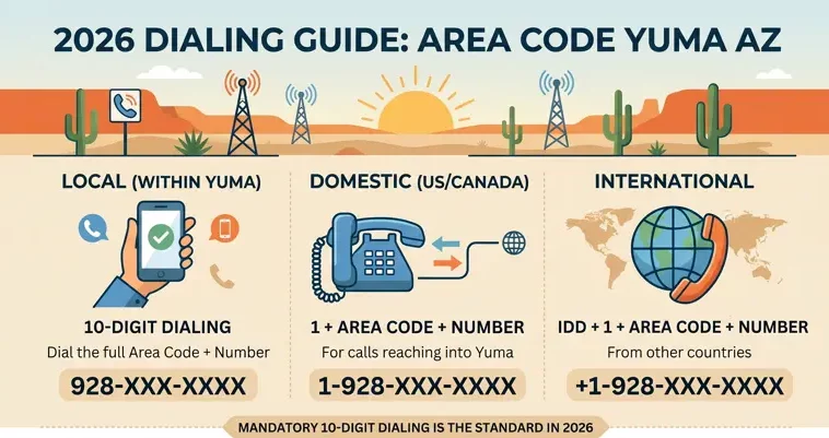 dialing guide for area code yuma az showing local, domestic, and international phone number formats.