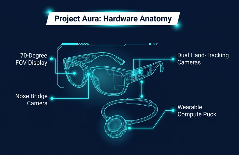 Infographic diagram proving Google and Xreal’s ‘Project Aura’ XR Smart Glasses Are Legit by breaking down hardware specs like the 70-degree FOV, dual hand-tracking cameras, and the wearable compute puck.