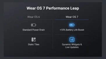 Infographic detailing the major Wear OS 7 changes, showing a 10 percent battery life boost and the transition from static tiles to dynamic widgets compared to Wear OS 6.