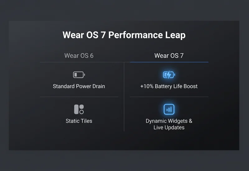 Infographic detailing the major Wear OS 7 changes, showing a 10 percent battery life boost and the transition from static tiles to dynamic widgets compared to Wear OS 6.
