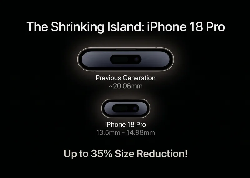 Infographic comparing the standard 20.06mm Dynamic Island size of previous iPhones with the rumored smaller 13.5mm to 14.98mm cutout expected on the iPhone 18 Pro.