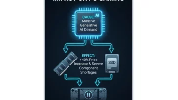 Infographic showing how generative AI demand caused the RAMpocalypse, leading to severe component shortages and price increases that delayed the Valve Steam Machine and Steam Deck.