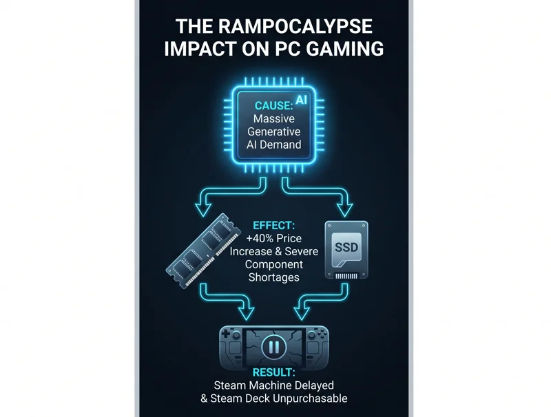 Infographic showing how generative AI demand caused the RAMpocalypse, leading to severe component shortages and price increases that delayed the Valve Steam Machine and Steam Deck.