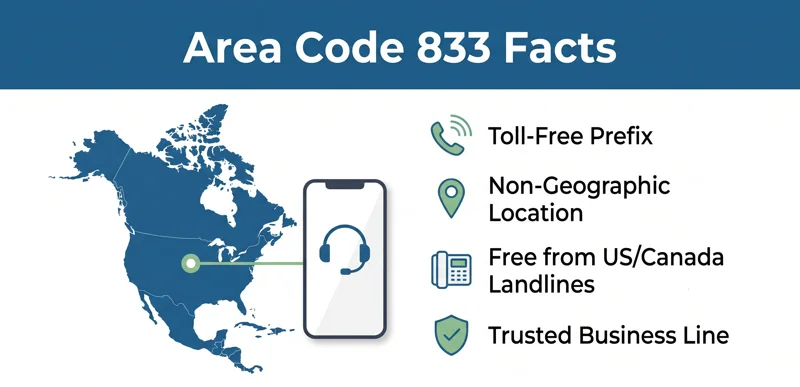 Infographic detailing area code 833 facts, highlighting its status as a non-geographic toll-free number for North American businesses.