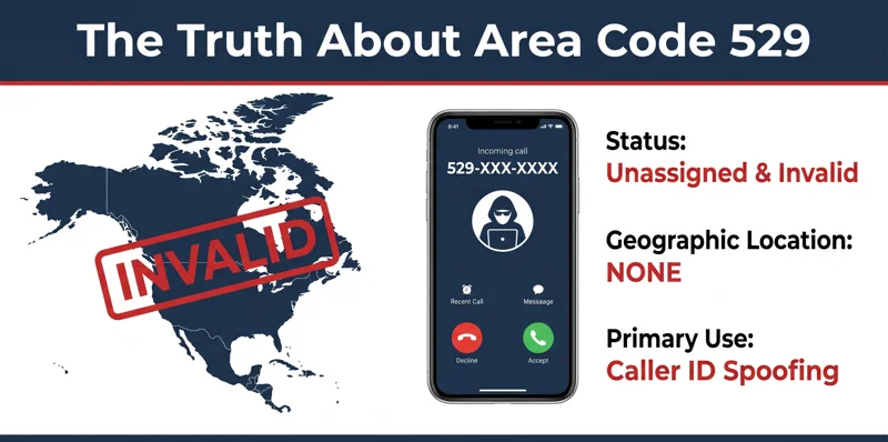 Infographic explaining the invalid status of the 529 area code, highlighting that it has no true geographic location and is used for caller ID spoofing.