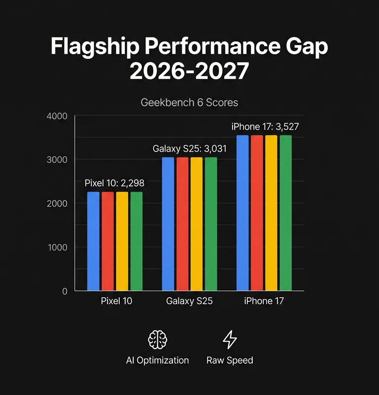 A benchmark comparison infographic showing the performance gap between the Pixel 12 featuring the Tensor G7 chip and competing flagships like the iPhone 17 and Galaxy S25.