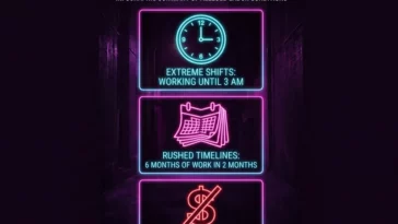 Infographic detailing the leaked working conditions from a Rockstar Games QA analyst regarding GTA 6, highlighting claims of working until 3 AM, compressing 6 months of work into 2 months, and unpaid overtime.