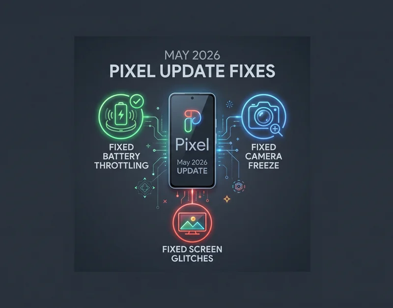 Infographic showing the May 2026 Pixel update fixes for wireless charging, camera zoom, and screen glitches on Android 16.