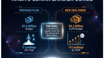 Infographic comparing NASA's previous $2.6 billion CLPS budget with the new $4.2 billion plan to achieve 10 robotic lunar landings per year by 2028.