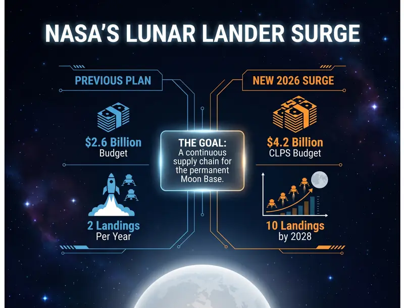 Infographic comparing NASA's previous $2.6 billion CLPS budget with the new $4.2 billion plan to achieve 10 robotic lunar landings per year by 2028.