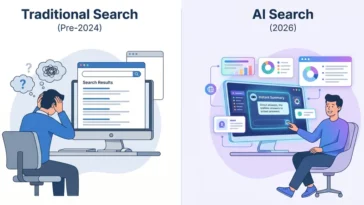 A side-by-side infographic comparing the high-effort traditional search engine experience of ten blue links against the instant, low-effort convenience of Google AI search in 2026.