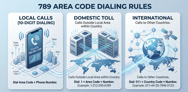 Infographic detailing the mandatory 10-digit dialing rules, formatting, and PBX network setup required for the new 789 area code overlay.