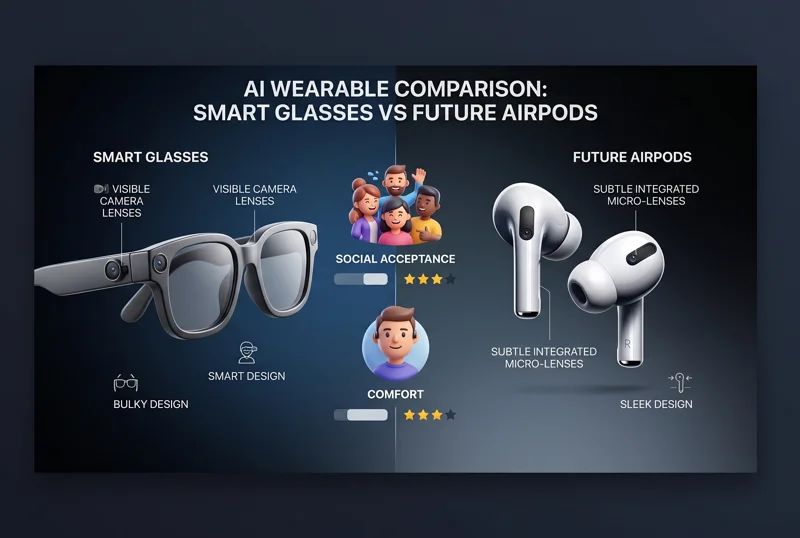 A visual comparison infographic showing how the new AirPods prove Apple is still the king of design by replacing bulky smart glasses with sleek, camera-integrated earbuds.
