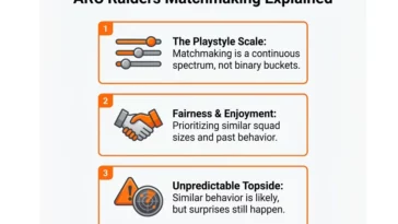Infographic explaining how the ARC Raiders matchmaking system uses a continuous playstyle scale to pair similar players while keeping Topside gameplay unpredictable.