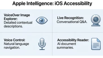 Infographic showing new Apple Intelligence iOS accessibility features including VoiceOver Image Explorer, Live Recognition, Voice Control, and Accessibility Reader.