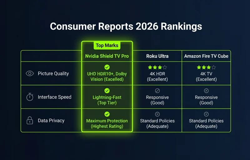 A comparison infographic showing the Nvidia Shield TV Pro outperforming the Roku Ultra and Fire TV Cube in 2026 ratings for picture quality, interface speed, and data privacy.