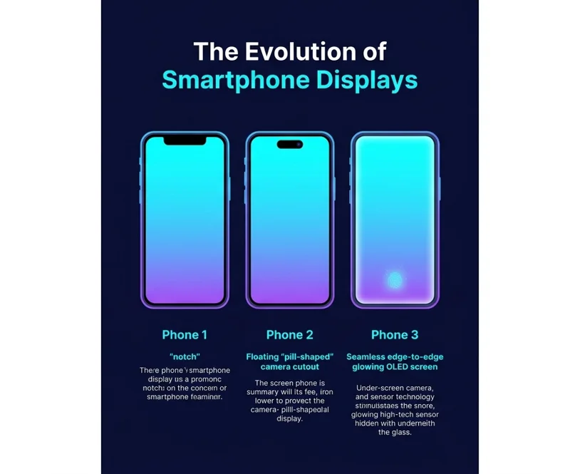 A timeline illustrating the evolution of smartphone displays, progressing from the traditional notch, to the floating pill-shaped cutout, and finally to a completely seamless, edge-to-edge OLED screen powered by under-display camera technology.
