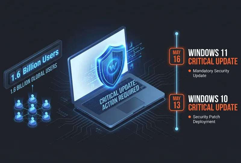 Infographic showing the Microsoft Secure Boot update timeline, highlighting Phase 2 critical deadlines of May 13 for Windows 10 and May 16 for Windows 11, affecting 1.6 billion users.