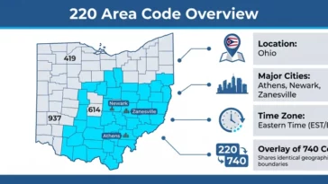 Infographic map detailing the 220 area code location in Ohio, highlighting major cities like Athens and Newark.