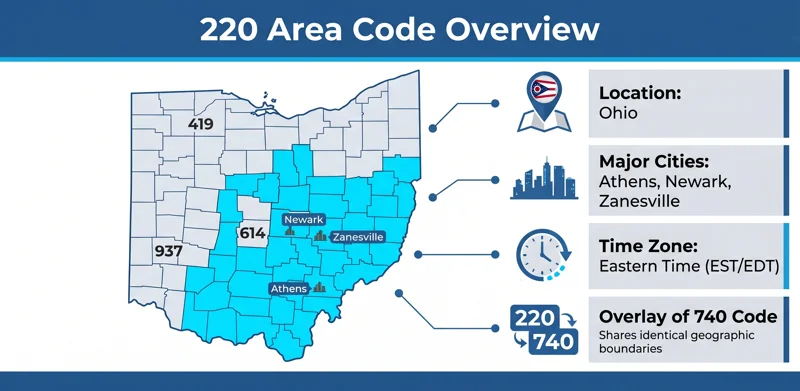 Infographic map detailing the 220 area code location in Ohio, highlighting major cities like Athens and Newark.