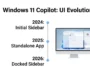 An infographic illustrating how Microsoft Copilot returns as a sidebar in Windows 11, showing the 2024 to 2026 UI evolution and dynamic desktop auto-resizing.