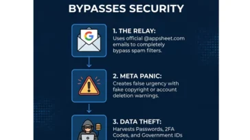 Infographic explaining the 3-step AccountDumpling phishing attack, showing how scammers use Google AppSheet to bypass spam filters, create fake Meta warnings, and steal data.