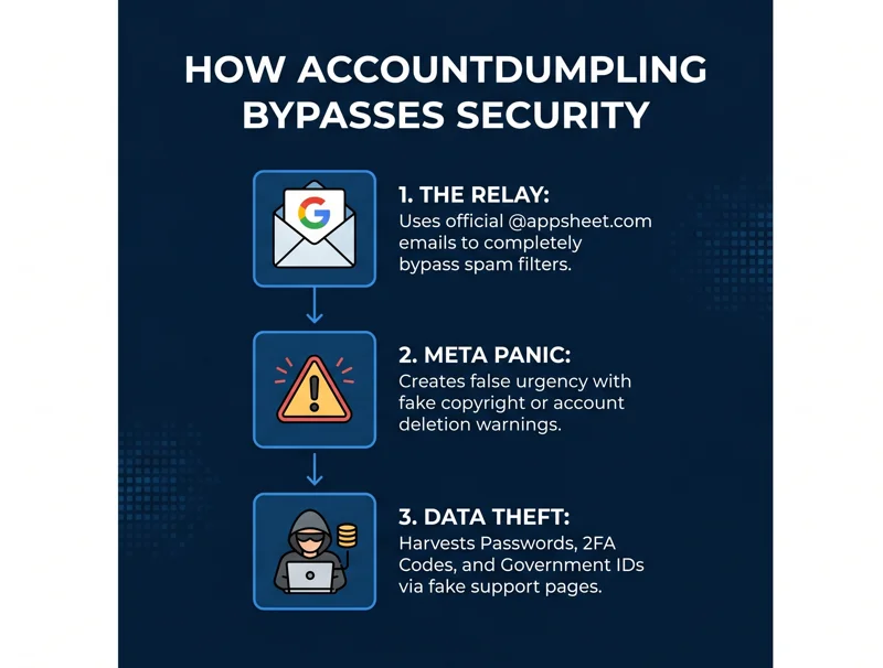 Infographic explaining the 3-step AccountDumpling phishing attack, showing how scammers use Google AppSheet to bypass spam filters, create fake Meta warnings, and steal data.