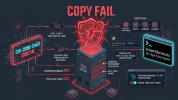 Infographic detailing the CVE-2026-31431 Copy Fail Linux vulnerability, highlighting its high severity CVSS score of 7.8 and how a small 732-byte Python exploit grants attackers instant root access.